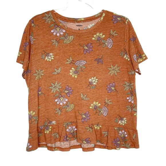 SONOMA Floral Crop T-Shirt Ruffle Hem Crew Neck Linen Blend Burnt Orange Size M - Picture 1 of 6